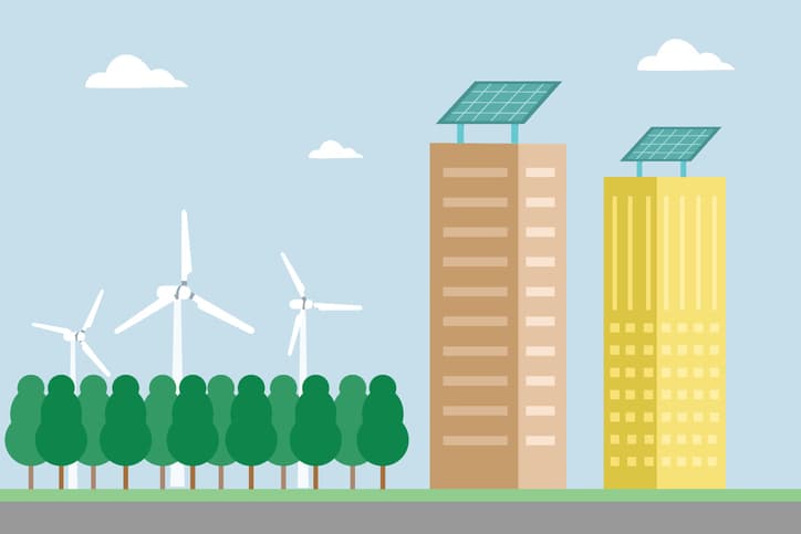 Buildings with solar panels 2D flat vector concept for banner, website, illustration, landing page, flyer, etc